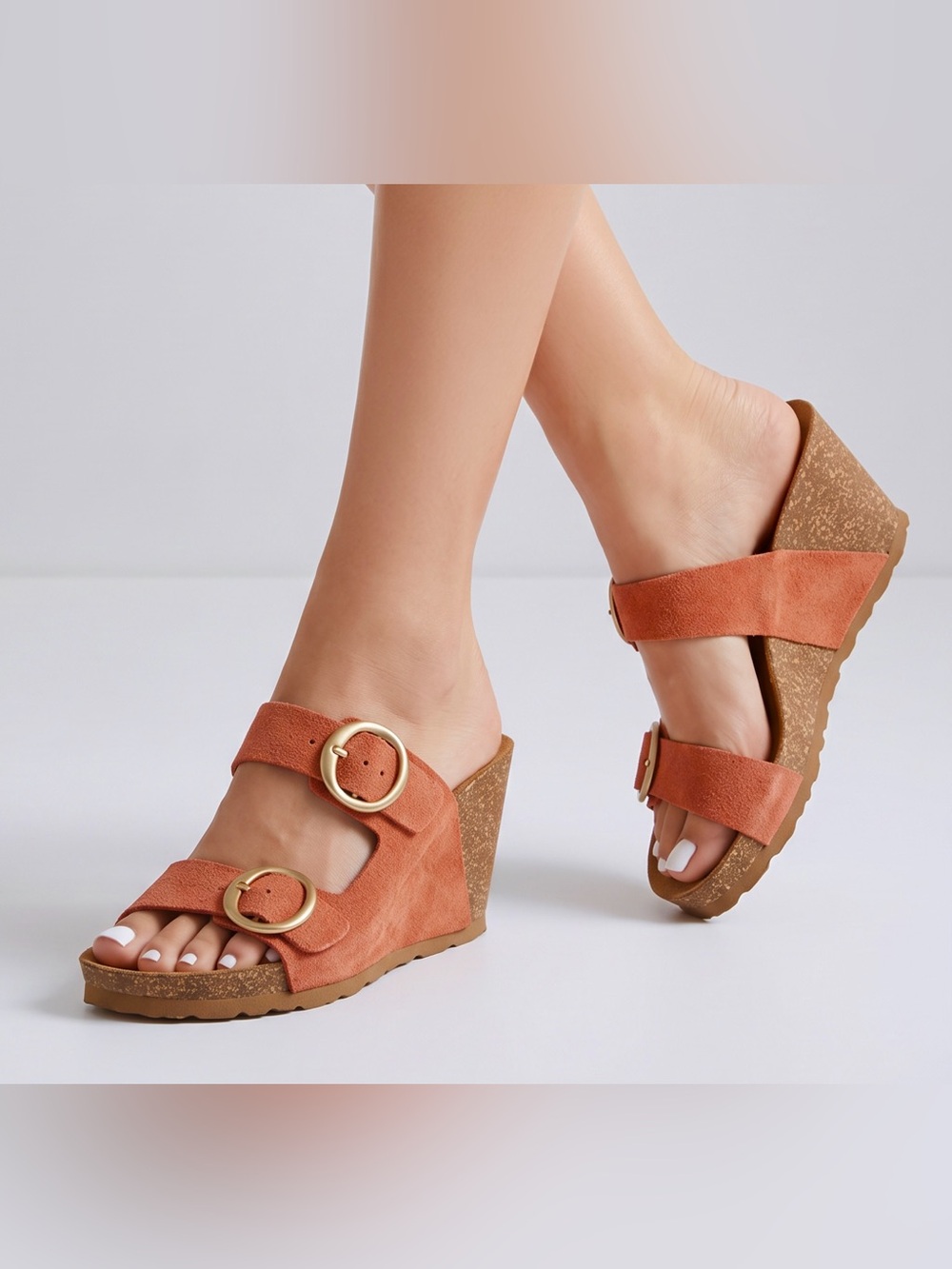 Ladies Yokono Genuine Suede Wedge Sandal Gold Buckle Cork Sole Coral SZ 7.5 GUC